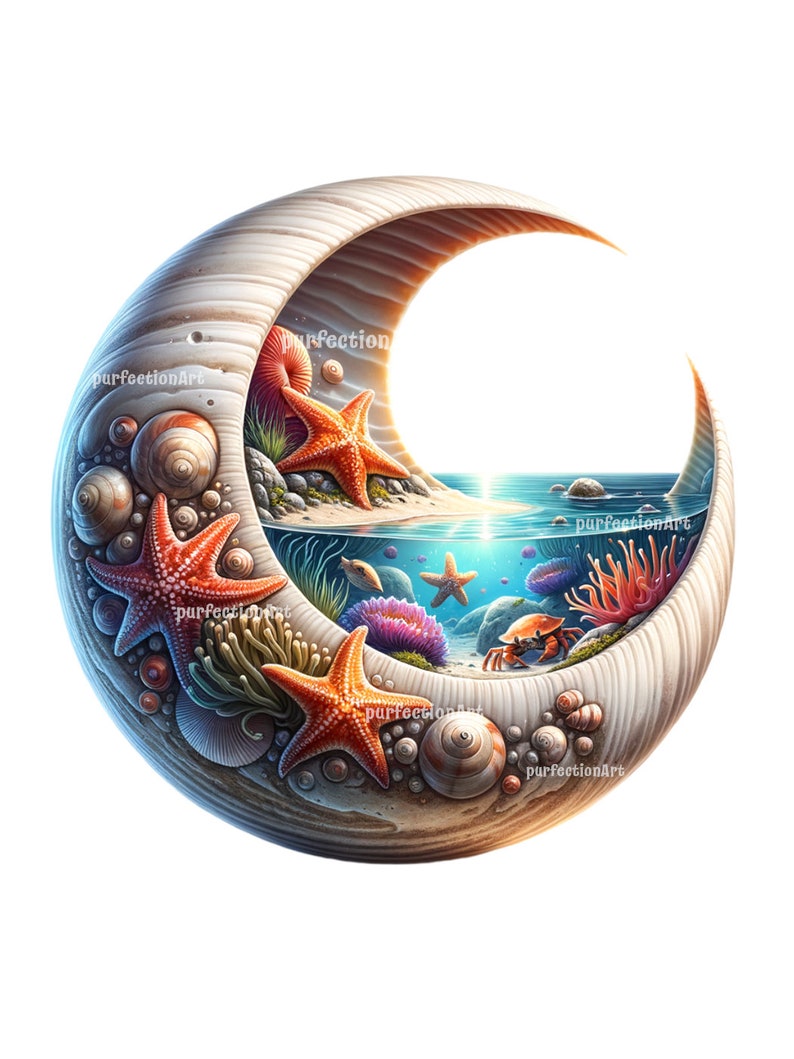 May include: A crescent moon-shaped wooden frame with a beach scene inside. The scene includes starfish, seashells, coral, and a crab on a sandy beach with blue water.