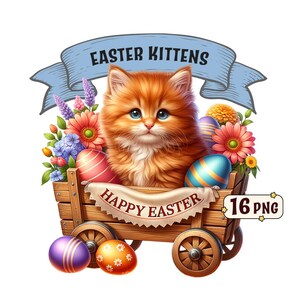 Lot de cliparts chatons de Pâques, 16 adorables chatons avec des œufs de Pâques et des paniers, images PNG avec fond transparent, usage commercial.