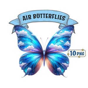 Paquete de imágenes prediseñadas de Air Butterflies, 10 hermosas imágenes PNG de mariposas con temática de aire y cielo con fondo transparente, uso comercial incluido.