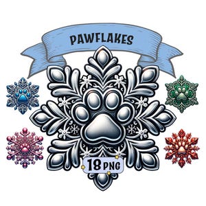 Paquete de imágenes prediseñadas de copos de nieve: 18 copos de nieve metálicos con huellas de patas en varios colores, imágenes PNG con fondo transparente, uso comercial.