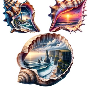 May include: Three seashells with different ocean scenes inside. The first shell shows a lighthouse on a rocky coast with a sailboat in the distance. The second shell shows a sunset over the ocean with birds flying overhead. The third shell shows a rocky coastline with a waterfall and waves crashing on the shore.