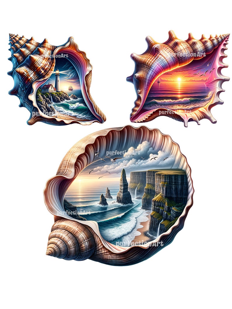 May include: Three seashells with different ocean scenes inside. The first shell shows a lighthouse on a rocky coast with a sailboat in the distance. The second shell shows a sunset over the ocean with birds flying overhead. The third shell shows a rocky coastline with a waterfall and waves crashing on the shore.
