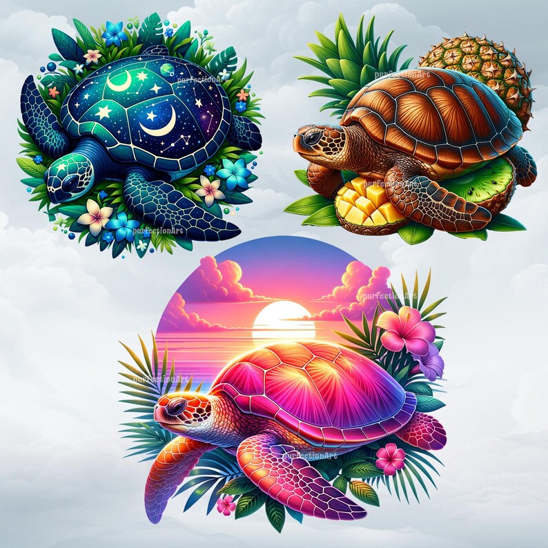 Tropical Turtles Clipart Bundle – 10 Turtles With Tropical, Celestial ...