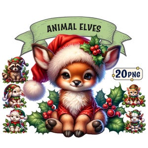 Paquete de imágenes prediseñadas de elfos animales: 20 adorables animales bebés con temática navideña vestidos como elfos, imágenes PNG, fondo transparente, uso comercial