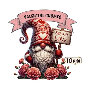 Valentine Gnomes Clipart Bundle, 10 Valentine&#39;s day themed cute gnomes, PNG images, transparent background, gnome clipart, commercial use.