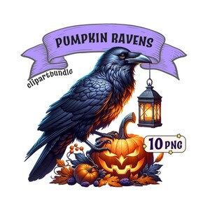 Pumpkin Ravens clipart bundle, 10 halloween themed majestic ravens with pumpkins PNG images, transparent backgrounds, commercial use.