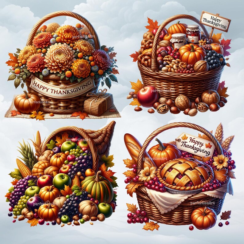 Thanksgiving Baskets Clipart Bundle, 10 Beautiful Thanksgiving Themed