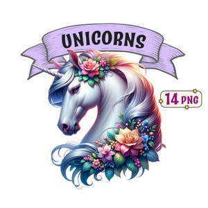 Paquete de imágenes prediseñadas de unicornios, 14 encantadoras imágenes PNG de unicornios florales con fondo transparente, uso comercial incluido.