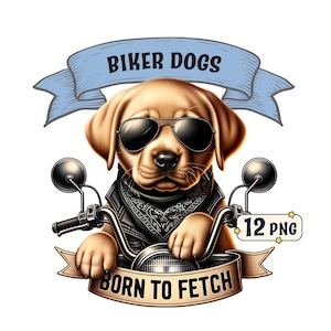 Paquete de imágenes prediseñadas de perros motociclistas: 12 adorables cachorros conduciendo motocicletas, imágenes PNG con fondos transparentes, uso comercial incluido.