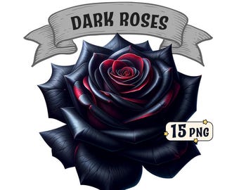 Dark roses clipart bundle, 15 gothic black rose illustrations with subtle color accents, transparent PNG, commercial use