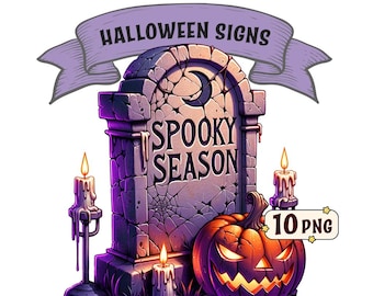 Halloween Grabstein Schilder Clipart Bundle - 10 gruselige Schild Illustrationen mit Kürbissen, transparente PNG, kommerzielle Nutzung, Sublimations Designs