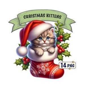 Paquete de imágenes prediseñadas de Christmas Kittens, 14 adorables imágenes PNG de gatitos con temática navideña con fondo transparente, uso comercial incluido.
