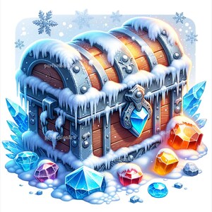 May include: A wooden treasure chest covered in snow and ice with colorful gemstones scattered around it.
