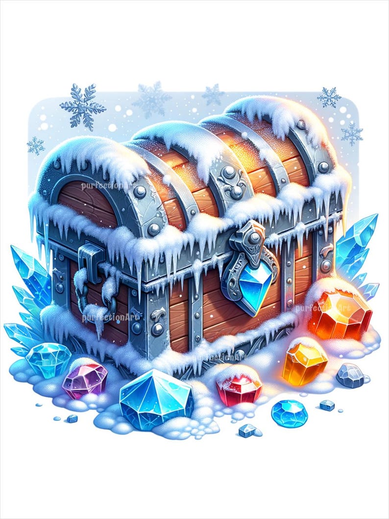 May include: A wooden treasure chest covered in snow and ice with colorful gemstones scattered around it.