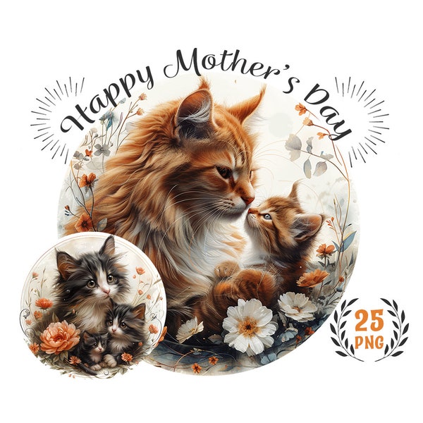 Happy Mother's day Clipart Bundle, Mother Cats PNG Graphics, 25 images, Mother's day sublimation, transparent, Commercial Use Included