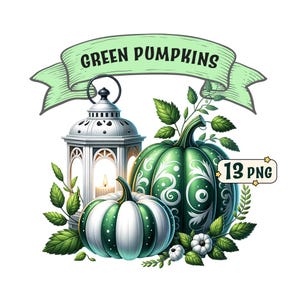 Könnte beinhalten: Grüne Kürbisse mit weißen bemalten Designs, eine weiße Laterne mit einer brennenden Kerze und grüne Blätter. Der Text "GREEN PUMPKINS" befindet sich auf einem grünen Banner über den Kürbissen. Der Text "13 PNG" befindet sich auf einem gelben sternförmigen Banner.