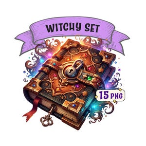 Może przedstawiać: Złota, ozdobna książka w stylu vintage z zamkiem i kluczem, otoczona wirującymi wzorami kwiatowymi i błyszczącymi klejnotami. Książka jest oznaczona jako "Witchy Set" i "15 PNG".