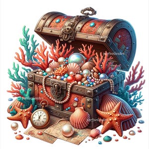May include: An open wooden treasure chest overflowing with pearls, jewels, and seashells. The chest is surrounded by coral and starfish, suggesting a nautical theme.
