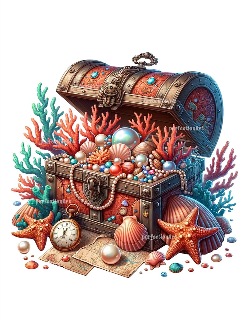 May include: An open wooden treasure chest overflowing with pearls, jewels, and seashells. The chest is surrounded by coral and starfish, suggesting a nautical theme.