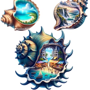 May include: Three seashells with different scenes inside. The first shell is brown and has a tropical beach scene. The second shell is blue and green and has a waterfall scene. The third shell is blue and has a city scene with a market.