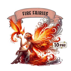 Bundle de cliparts de fées du feu, 10 belles images PNG de fées sur le thème du feu avec un fond transparent, usage commercial inclus.