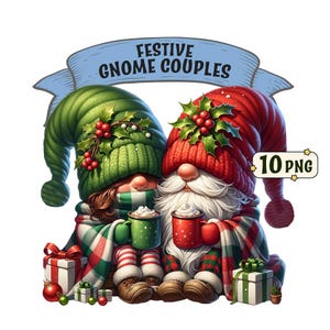 Festliches Gnompaar Clipart Bundle, 10 festliche Wichtelpaare mit Winter-Weihnachtsmotiven, PNG-Bilder, transparenter Hintergrund, kommerzielle Nutzung.