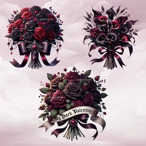 Gothic bouquets clipart bundle - 12 Gothic floral PNGs, Valentine's Day dark-gothic flower bouquets, transparent background, commercial use image 4