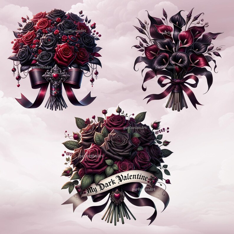 Gothic bouquets clipart bundle - 12 Gothic floral PNGs, Valentine's Day dark-gothic flower bouquets, transparent background, commercial use image 4