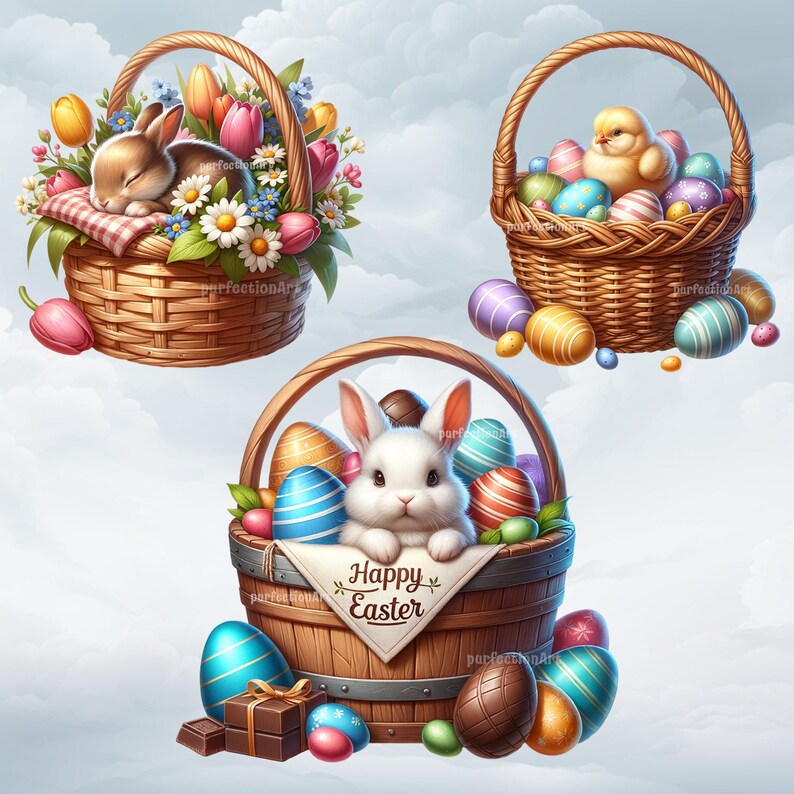 Rustic Easter Baskets Clipart Bundle - 15 Baskets With Cute Bunnies ...