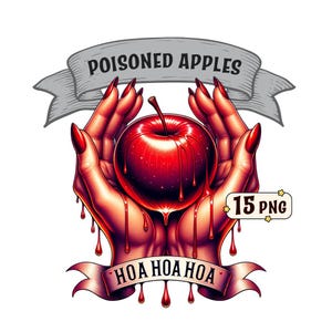 Paquete de imágenes prediseñadas de manzanas envenenadas, 15 imágenes PNG de manzanas envenenadas con temática de Halloween, fondo transparente, uso comercial incluido.