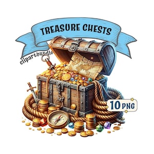 Pacote de clipart de baús de tesouro: 10 imagens PNG de baús de tesouro com temas exclusivos e diferentes, fundo transparente, uso comercial incluído.