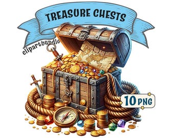 Treasure Chests Clipart Bundle: 10 Unique and different themed treasure chest PNG images, transparent background, commercial use included.