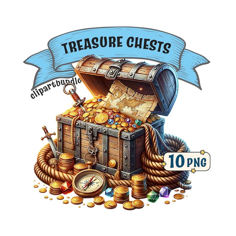 May include: A treasure chest overflowing with gold coins, jewels, and a compass. The chest is made of wood and has metal accents. The chest is surrounded by rope and a blue ribbon with the text "TREASURE CHESTS" on it. 10 PNG.