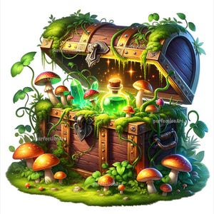 May include: A wooden treasure chest overflowing with glowing green potion, crystals, and mushrooms. The chest is covered in moss and vines, creating a magical and enchanting scene.