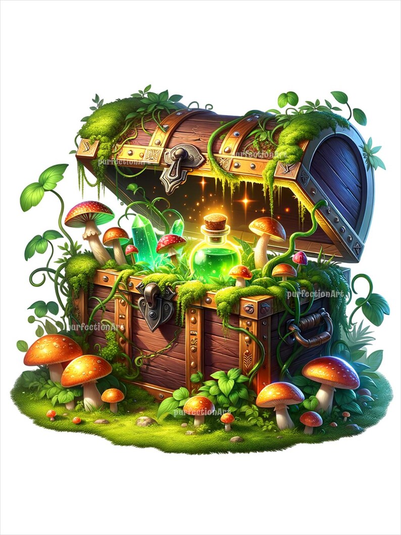 May include: A wooden treasure chest overflowing with glowing green potion, crystals, and mushrooms. The chest is covered in moss and vines, creating a magical and enchanting scene.