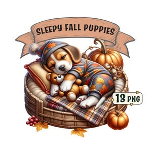 Paquete de imágenes prediseñadas de Sleepy Fall Puppies, 13 adorables cachorros durmientes, imágenes PNG con temática de otoño, fondo transparente, uso comercial.