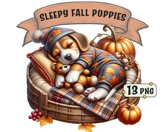 May include: A brown and white beagle puppy wearing a blue and gray fall-themed onesie sleeps in a wicker basket with a teddy bear. The basket is surrounded by fall decor, including pumpkins, acorns, and leaves.