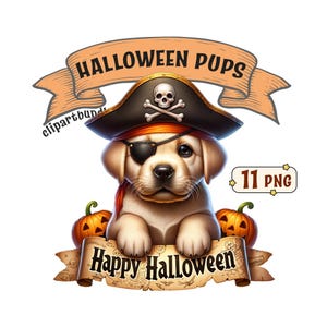 Paquete de imágenes prediseñadas de Halloween Pups, 11 adorables imágenes PNG de cachorros con temática de Halloween con fondo transparente, uso comercial incluido.