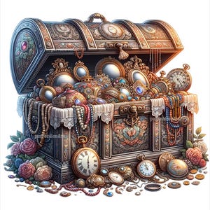May include: An ornate wooden treasure chest overflowing with jewels, gold coins, and antique pocket watches. The chest is decorated with intricate carvings and has a floral design.