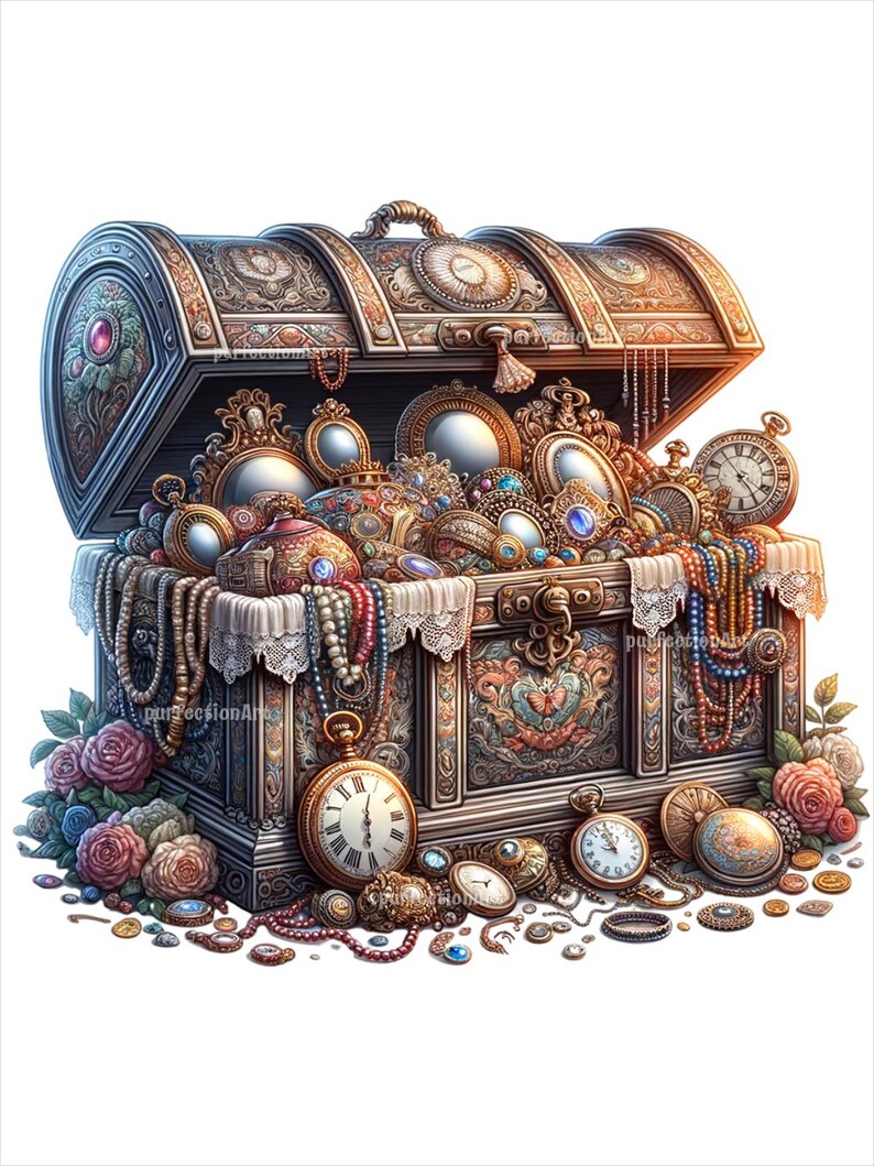 May include: An ornate wooden treasure chest overflowing with jewels, gold coins, and antique pocket watches. The chest is decorated with intricate carvings and has a floral design.