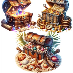 May include: Three ornate wooden treasure chests, each filled with different treasures. The first chest is open and contains sparkling purple crystals. The second chest is filled with gold coins and a compass. The third chest is filled with pearls and seashells.