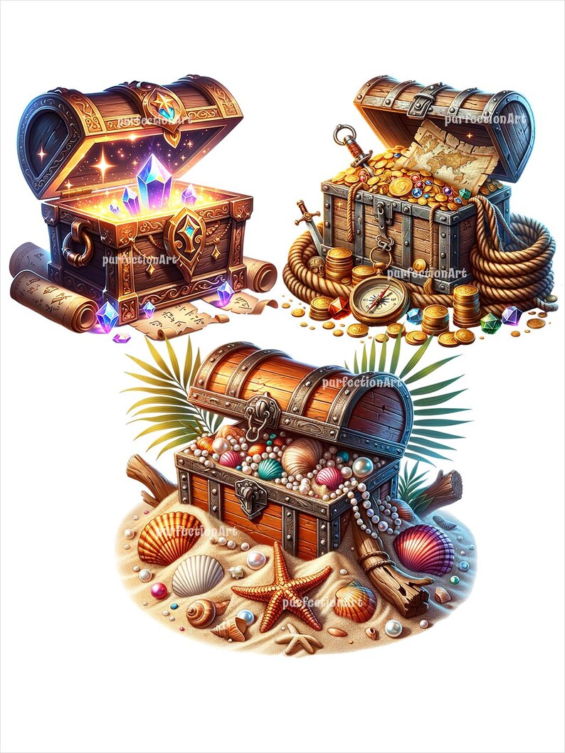 May include: Three ornate wooden treasure chests, each filled with different treasures. The first chest is open and contains sparkling purple crystals. The second chest is filled with gold coins and a compass. The third chest is filled with pearls and seashells.