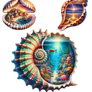 May include: Three seashells with different scenes inside. The first shell is open and shows a small town with houses and a boat on the water. The second shell is closed and shows a beach scene with people sitting around a campfire. The third shell is open and shows a colorful underwater scene with coral reefs and fish.