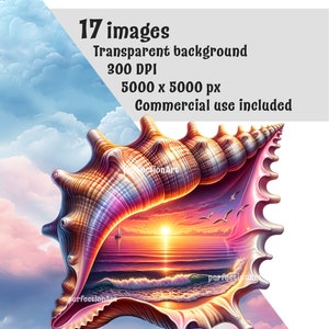 May include: A seashell with a sunset and ocean scene inside. The seashell is a light brown color with pink and purple accents. The sunset is orange and red with a sailboat in the distance. The ocean is blue with white waves.