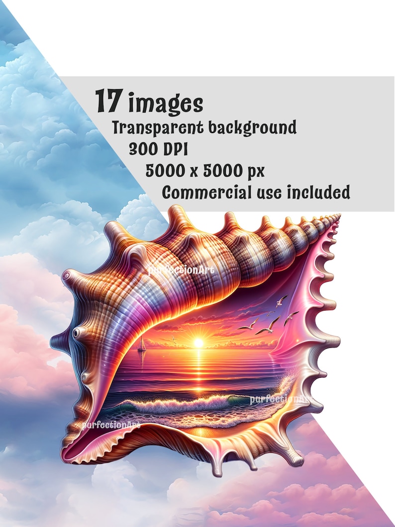 May include: A seashell with a sunset and ocean scene inside. The seashell is a light brown color with pink and purple accents. The sunset is orange and red with a sailboat in the distance. The ocean is blue with white waves.