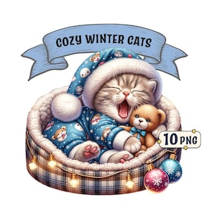 Paquete de imágenes prediseñadas de gatos acogedores de invierno: 10 adorables gatitos soñolientos con temática navideña y de invierno, imágenes PNG, fondo transparente, uso comercial.