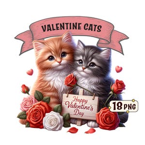 Paquete de imágenes prediseñadas de gatos de San Valentín: 18 adorables gatitos con temática del Día de San Valentín, imágenes PNG con fondo transparente, uso comercial.