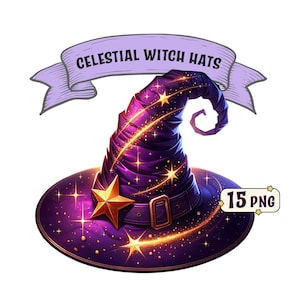 May include: A purple and gold witch hat with stars and a gold star on the brim. The hat has a celestial theme and is part of a set of 15 PNG images. "Celestial Witch Hats" is written on a purple ribbon.