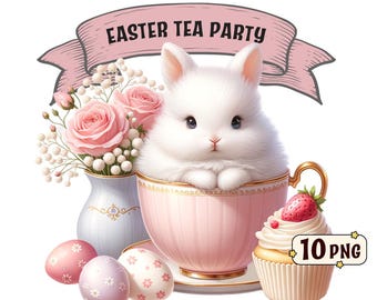 Easter Tea Party clipartbundel, 10 schattige babykonijntjes in theekopjes met bloemen en paaseieren, transparante png, lenteontwerpen, commercieel gebruik