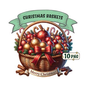 Pacchetto clipart di cesti natalizi: 10 bellissimi cesti a tema natalizio, immagini PNG con sfondo trasparente, incluso l'uso commerciale.